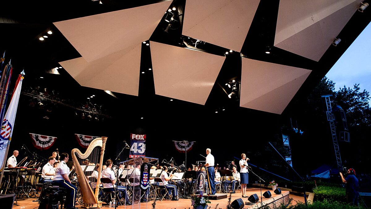 The US Army Concert Band during an outdoors performance.